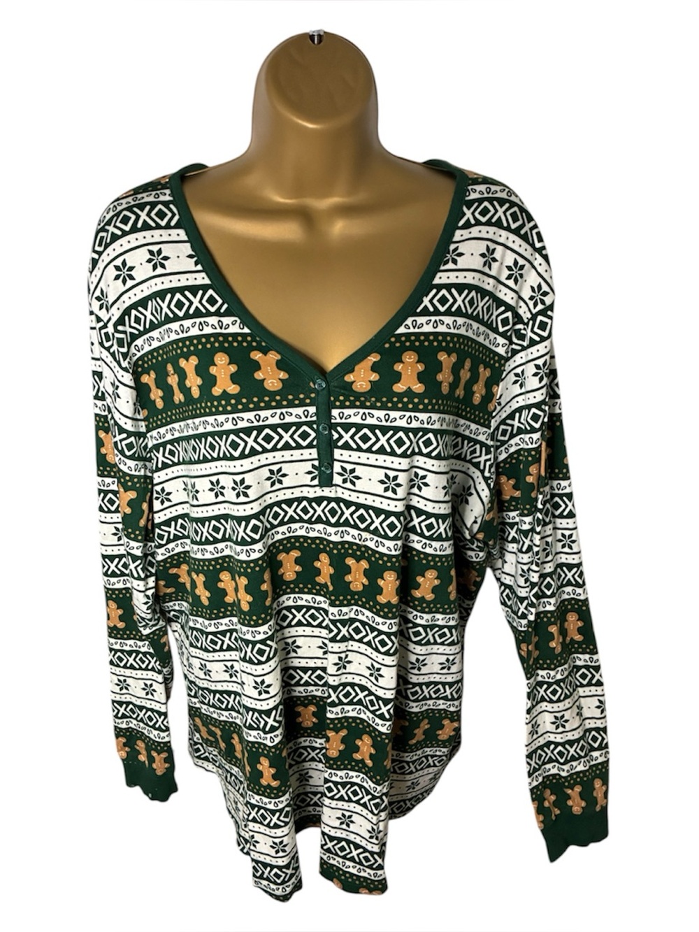 LC Lauren Conrad Women’s Gingerbread Fair Isle Pajama Top Green Cream 2X Cotton